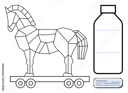 Geometric Trojan horse stands on wheels beside a large bottle and label, symbolizing cyberattacks, deceptive methods, health risks, information threats, prevention, product design, and critical