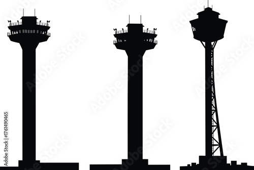 Air traffic control tower silhouette, aviation infrastructure, airport communication, radar systems, black shapes, flight management, structural design, 