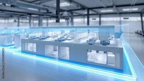 Digital twin manufacturing facility featuring automated systems futuristic technology glowing blue lines smart factory design