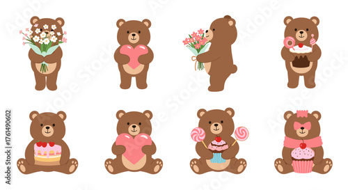 Adorable teddy bears holding sweet treats and floral arrangements for delightful occasions.
