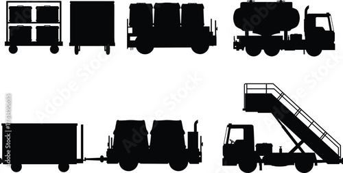 Airport ground support silhouette, baggage cart, cargo transporter, fuel tanker, stair truck, logistics vehicles, aviation equipment, runway service, aircraft boarding, 
