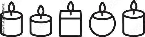 Set of candle icons on white background. Isolated aromatic candles whith flame. Vector illustration in flat style