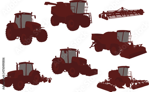 Agricultural machinery, tractors, combine harvesters, farming equipment, crop harvesting, plowing tools, grain tank, caterpillar tracks, field work, modern agriculture, rural technology, farm vehicles