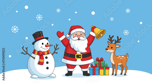 Santa claus ringing a bell with a snowman and reindeer on a snowy day.