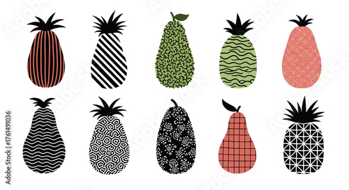 A collection of ten stylized pineapples and pears with unique textured patterns and artistic designs.