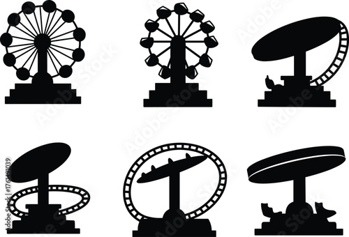 Amusement park ride silhouette, Ferris wheel, rotating disc ride, looping roller coaster, black shapes, entertainment structure, carnival design, white background, thrill attraction