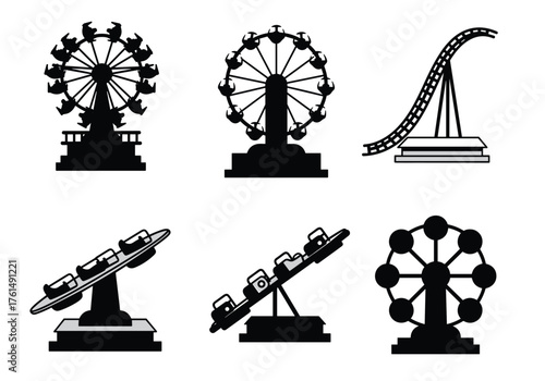 Amusement park ride silhouette, Ferris wheel, swing ride, roller coaster, tilting platform, black shapes, entertainment structure, carnival design, white background, ride attraction