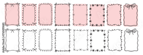 hand drawn doodle pink cute borders for wedding invitation with bows, quirky trendy whimsical frames for girl birthday, wavy borders. Empty cute line frames