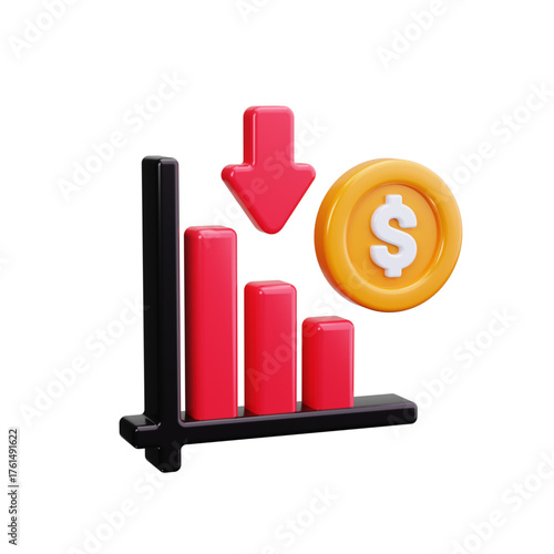 Financial downturn visualization 3D illustration of a descending bar graph, a downward arrow, and a dollar coin symbolizing a market decline and economic losses