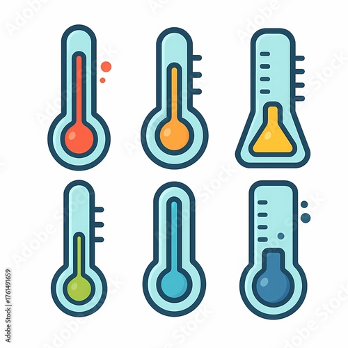 Colorful Flat Thermometer Icons Set, Modern Cartoon Temperature Illustrations