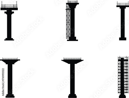 Bridge pier silhouette, construction support columns, structural engineering, scaffolding design, black shapes, civil infrastructure, platform railing, urban 