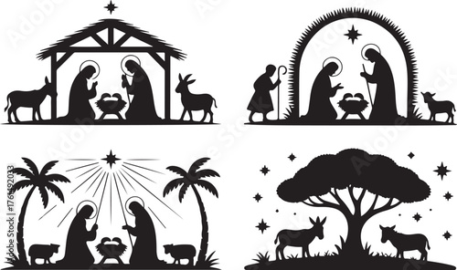 Set of holy Christmas scene. Simple nativity silhouette. Vector illustration