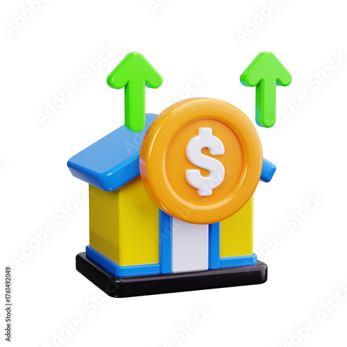 3D illustration of a house with a dollar coin, green arrows pointing upwards, symbolizing real estate market growth, rising home values