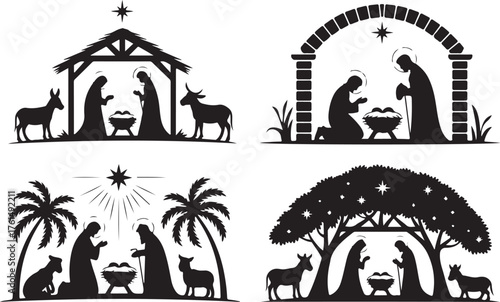 Set of holy Christmas scene. Simple nativity silhouette. Vector illustration