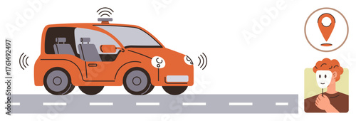 Orange self-driving car on a road, sensors emitting signals, GPS location icon, and a passenger. Ideal for transportation, technology, innovation, urban planning safety automation mobility. Simple