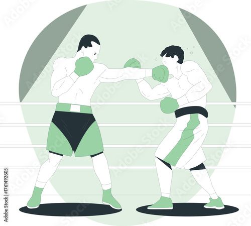 Two boxers sparring in a boxing ring with green gloves and shorts fight