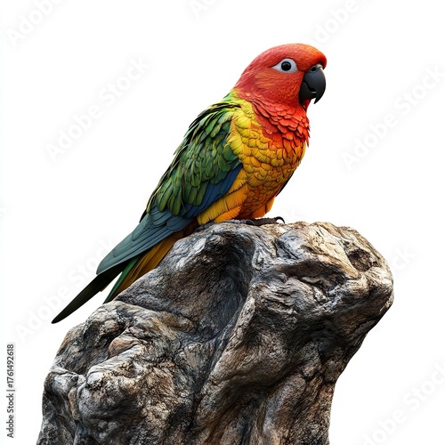 Photo of parrot sitting on tree Isolated on white background