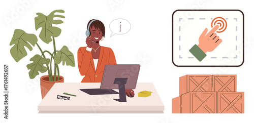 Customer service agent at work desk with headset and computer, touchscreen interaction concept, and stacked delivery boxes. Ideal for customer support, logistics, e-commerce, information technology
