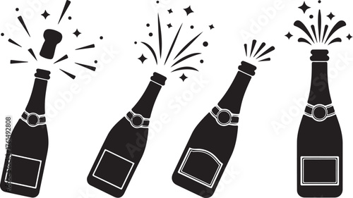 Set with black champagne bottle explosion vector icons. Uncorked cork from champagne. Exploded cork with sparkling champaign