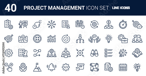 project management, icon set, line icons, project, management, icons, set, line, outline, symbols, planning, strategy, execution, completion, task, deadline, schedule, calendar, budget, finance, team,