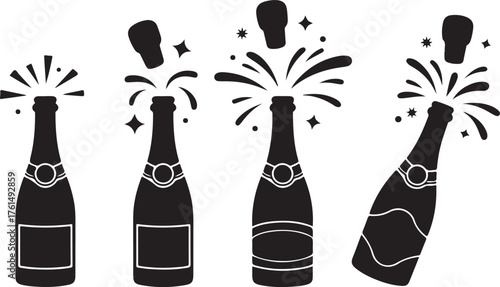 Set with black champagne bottle explosion vector icons. Uncorked cork from champagne. Exploded cork with sparkling champaign