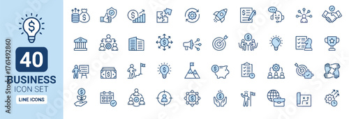 business, icon set, line icons, finance, strategy, growth, startup, success, teamwork, management, marketing, investment, planning, goals, leadership, innovation, communication, negotiation, problem s