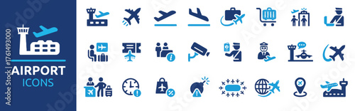 airport, airplane, aircraft, travel, transportation, icon, set, collection, aviation, terminal, runway, control tower, luggage, suitcase, trolley, security, passport, boarding, gate, pilot, passenger,
