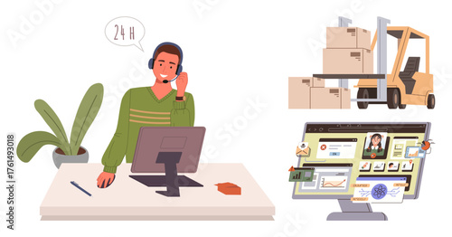 Desk worker wearing headset assisting clients, forklift moving packages, digital interface tracking delivery process. Ideal for logistics, customer service, online support, warehouse, delivery