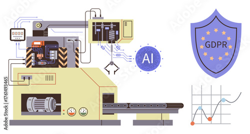 AI-powered factory arm, robotic conveyor, shield with GDPR compliance, and data chart. Ideal for technology, automation, safety machine learning cybersecurity industry 4.0 efficiency. Simple flat