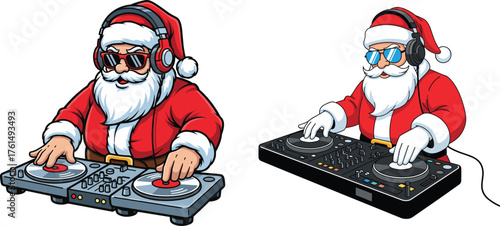 Cool Santa Claus DJ Mixing Music on Turntables Vector Illustration