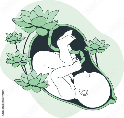 Fetus in the womb surrounded by lotus flowers and umbilical cord Keywords: fetus, baby, womb, pregnancy, gestation, prenatal, birth, motherhood, new life, unborn, development, human, embryo