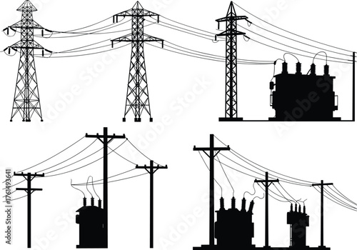 Electrical power distribution silhouette, transmission towers, utility poles, transformers, high voltage lines, energy infrastructure, substation network, urban grid, electr