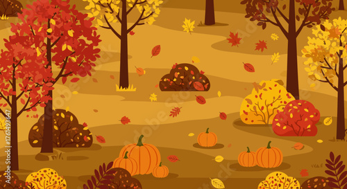 Capture the cozy autumnal mood with this charming scene featuring pumpkins, falling leaves, and warm tones - ideal for seasonal promotions and Thanksgiving designs.