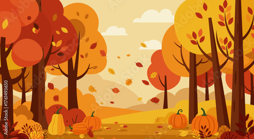 Experience the magic of autumn with this charming landscape. Perfect for adding a touch of seasonal warmth to your Thanksgiving designs or festive holiday greetings.