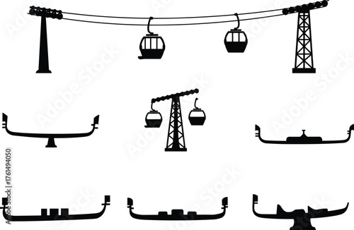 Gondola lift and boat silhouette, transport icons, cable cabins, watercraft shapes, black illustrations, travel infrastructure, white background, maritime design, aerial transit, vessel variety