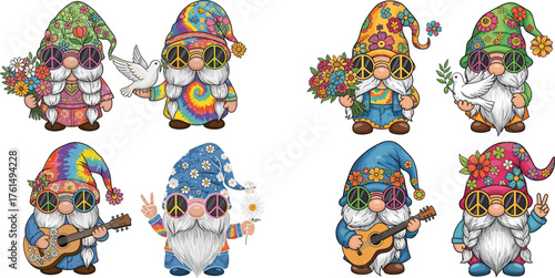 Collection of Hippie Gnomes with Peace Signs, Tie Dye, and Floral Accents Vector