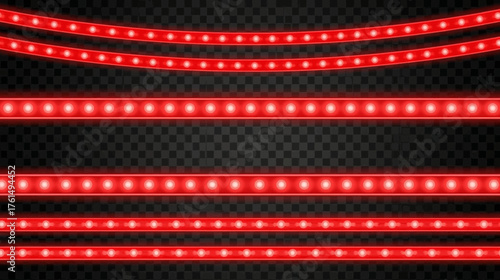 A vibrant illustration showcases several red LED strip lights, illuminating with a bright glow against a dark, checkered background, perfect for design.