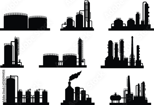 Industrial facility silhouettes, refinery plant, chemical processing, storage tanks, distillation towers, piping systems, black vector, infrastructure layout, editable icon, energy site, 