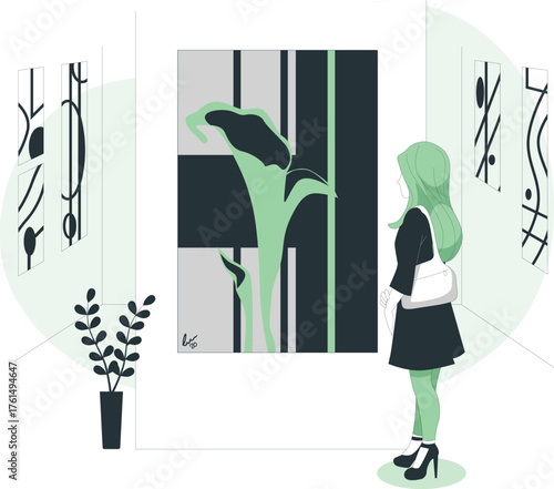 Woman admiring abstract art in a minimalist gallery with calla lily painting art gallery exhibition