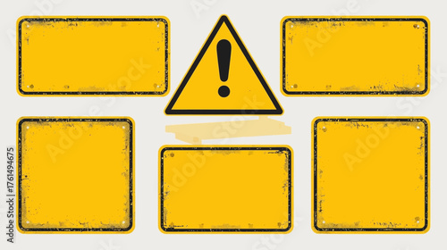 A conceptual illustration featuring an exclamation mark within a warning sign, surrounded by blank yellow rectangular signs, suggesting caution or an important announcement.