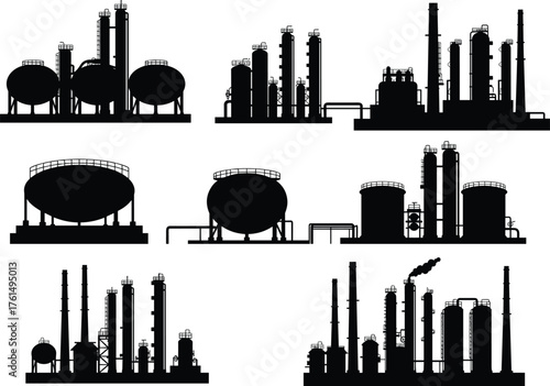 Industrial refinery silhouettes, chemical plant, storage tanks, distillation columns, piping systems, black vector, infrastructure design, energy production, 