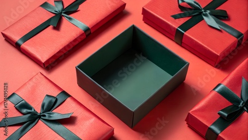 Beautiful Christmas gift boxes,gift box open or top view of white present box tied with red ribbon bow isolated on dark red background with shadow minimal conceptual 3D rendering.