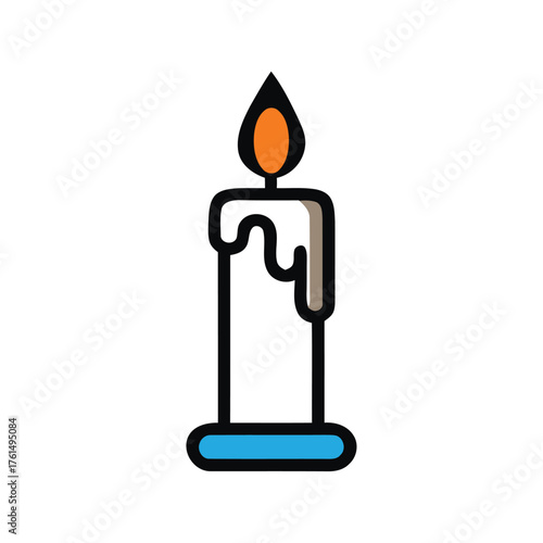 candle, flame, fire, light, burning, wax, dripping, melted, icon, symbol, illustration, graphic, design, simple, cartoon, colorful, orange, white, blue, black outline, white background, isolated, holi