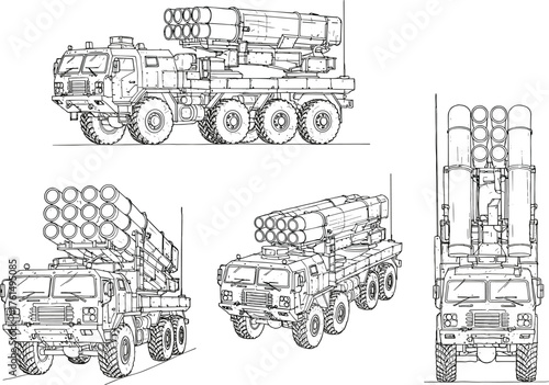 Line art of military missile truck system, multiple launch rocket vehicle, army weapon transport illustration, front and side views, technical drawing for defense concept