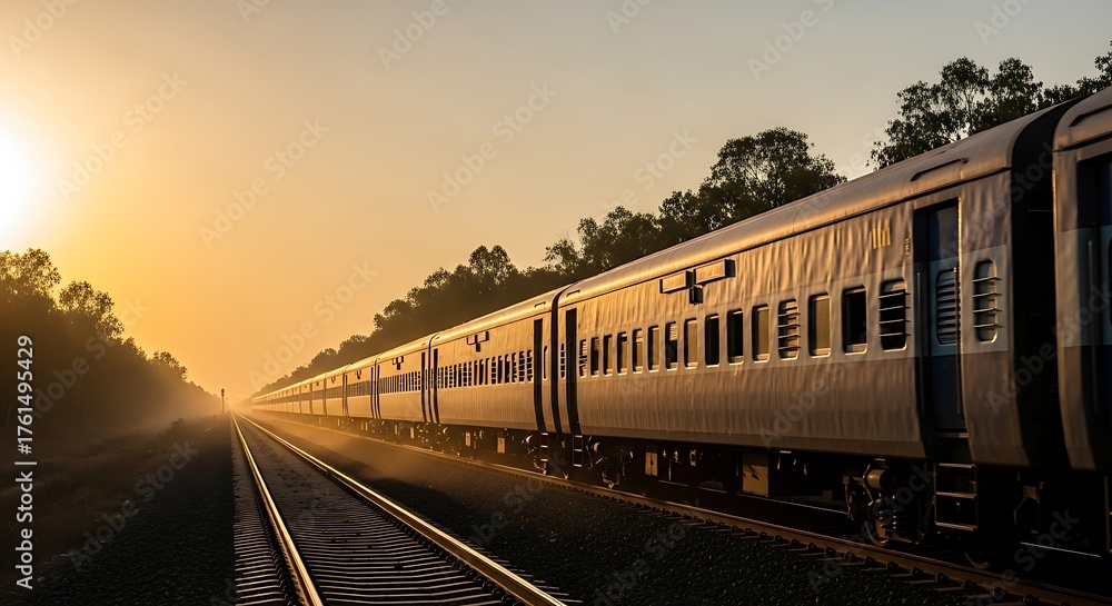 Fototapeta premium Passenger train traveling on tracks at sunset with warm golden light