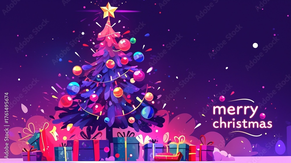 Fototapeta premium Dynamic Colorful Explosion Christmas Tree with Gifts - Energetic Holiday Background