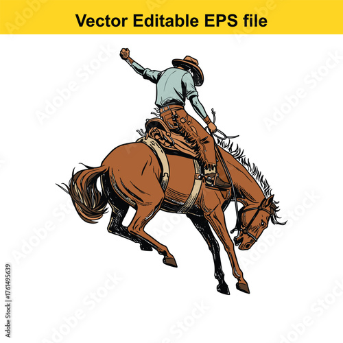 Vector art of cowboy riding a bucking bronco horse in a rodeo