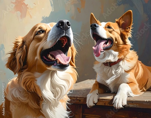 Digital painting of two happy dogs, one golden, one orange and white, with their tongues out and looking upwards, on a sunny day