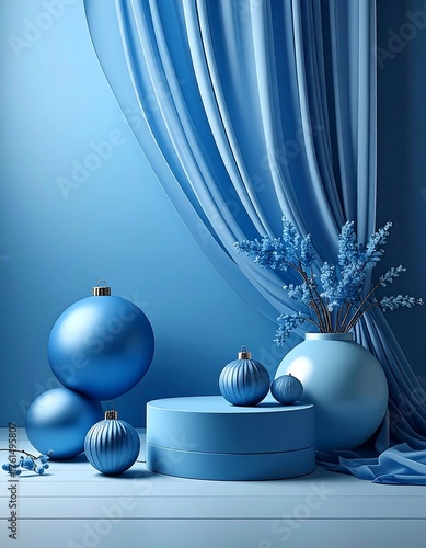 Elegant blue holiday scene ornaments, pedestal, and draping cloth