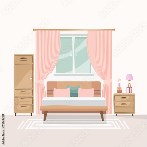 A serene bedroom scene with bed, dresser, and nightstand viewed directly in a cozy interior setting